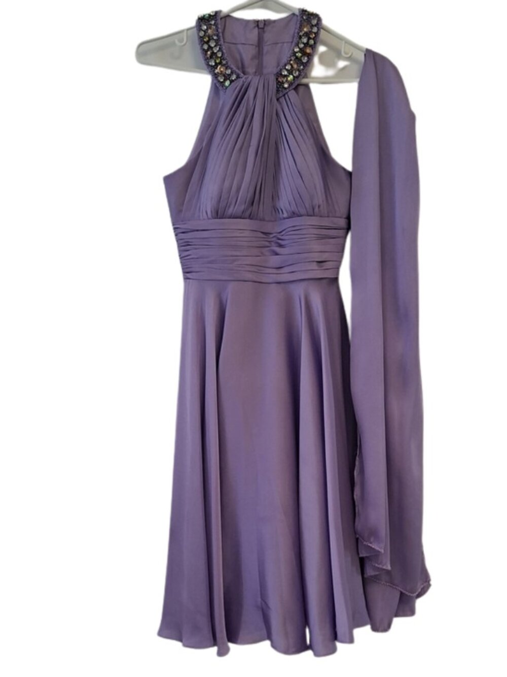 May Queen Lavender Formal Gown with Embellished Neckline and Scarf